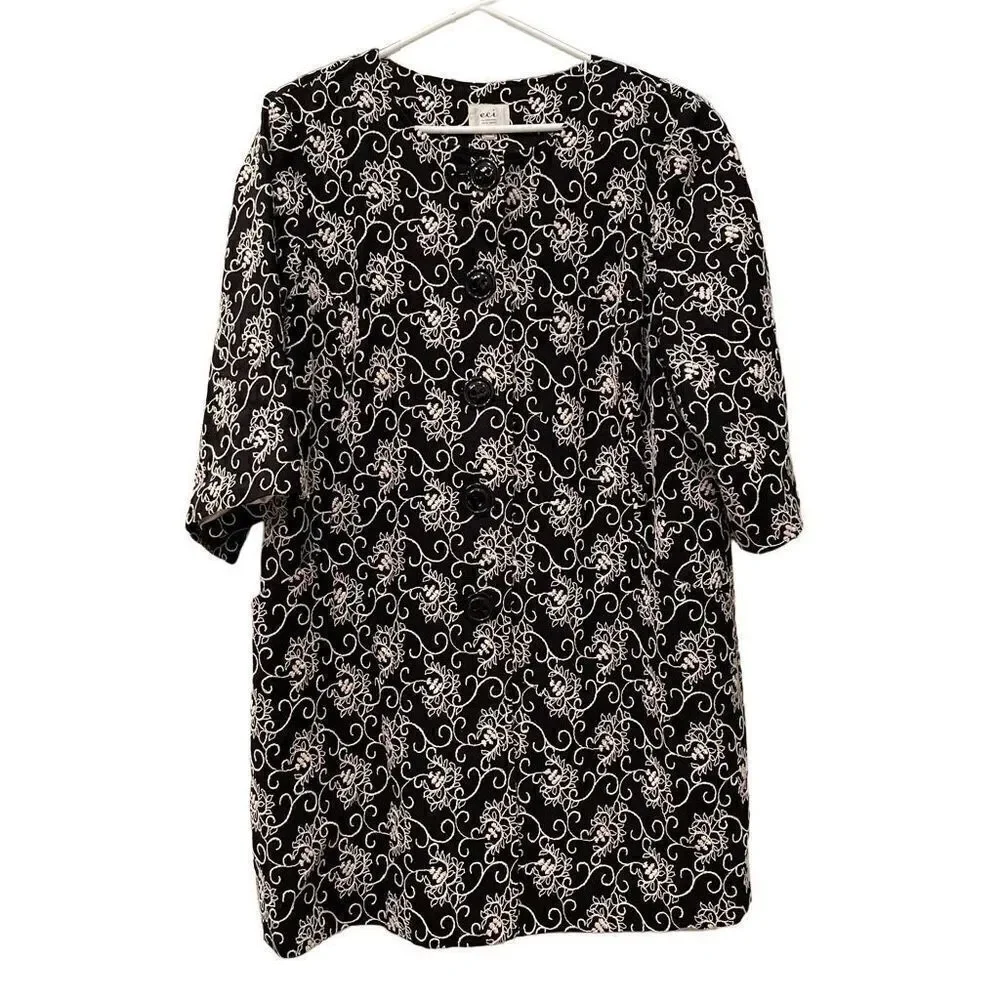 ECI New York Women’s Coat Swing Car Black White Floral Embroidered Plus Size 22W